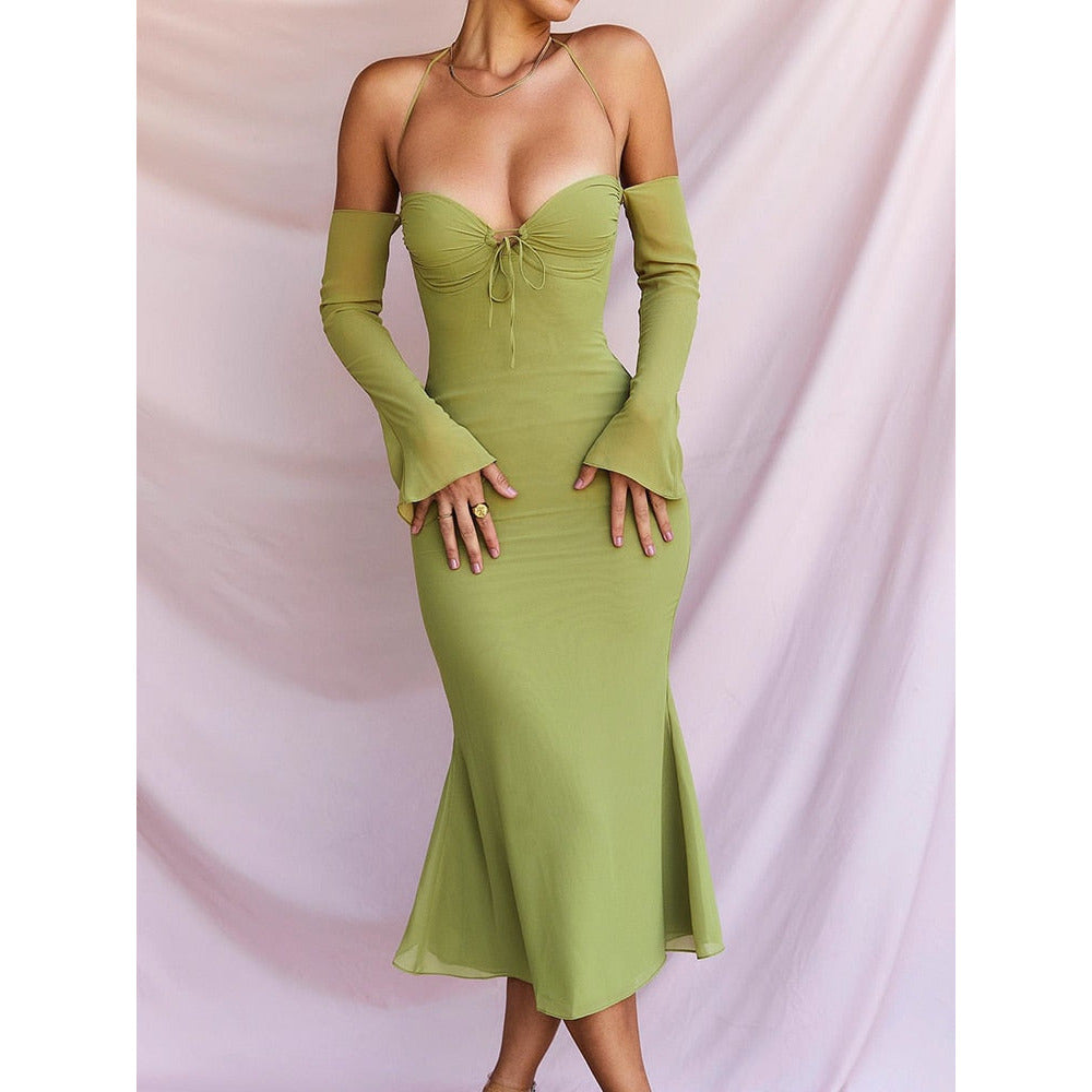Lace Up Halter Backless  Bodycon Midi Dress