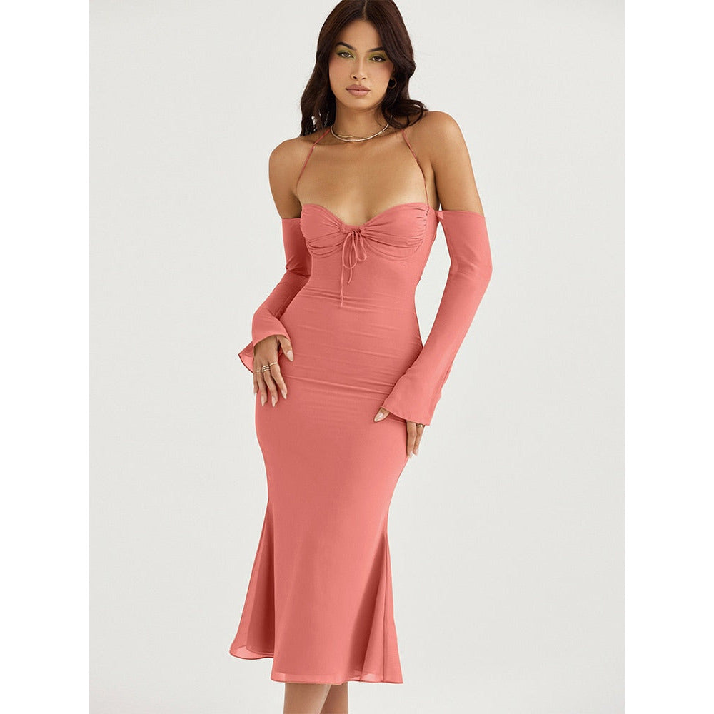 Lace Up Halter Backless  Bodycon Midi Dress