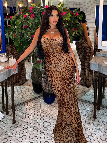 Leopard Print V Neck Bodycon Long Dress